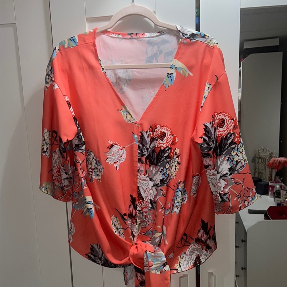 Amazon Orange Pink Tie Front Wrap Blouse